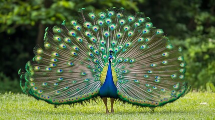 Obraz premium Stunning Peacock Displaying Vibrant Feathers in Natural Outdoor Setting