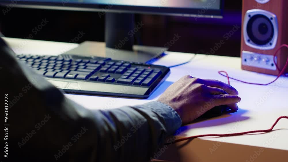 Aufkleber keyboard and mouse used by gamer competing in online multiplayer videogame at home, close up. focus 