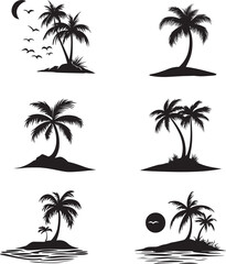Silhouette vector of beach icon, set of  palm trees on beach