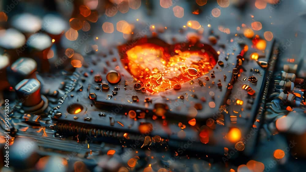 Poster heart on circuit: a glowing heart shape integrated into a computer circuit board, symbolizing techno