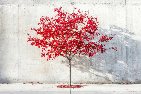 Ornamental tree with red leaves on concrete sidewalk.
