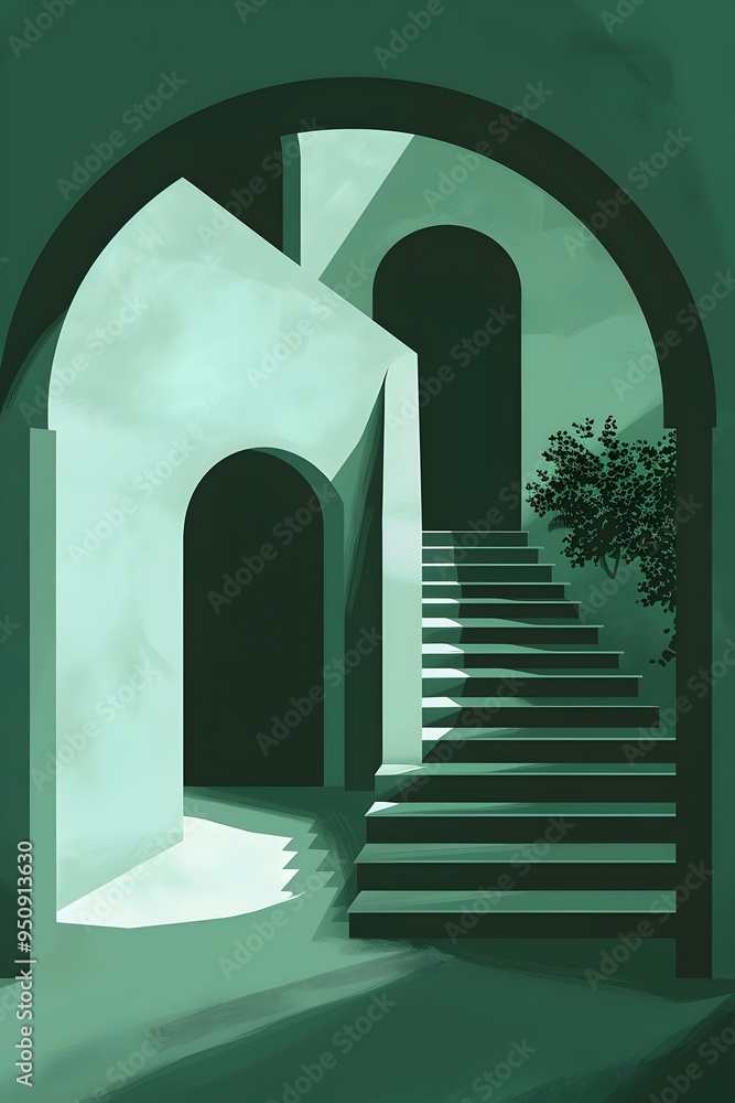 Poster a minimalist architectural rendering of a hallway with a set of stairs leading up, illuminated by so