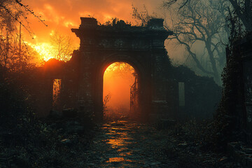A dark and ominous gate believed to be the entrance to the underworld, representing concepts of mythology and the afterlife.