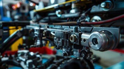 Fototapeta premium Industrial robotic arm being assembled in a factory