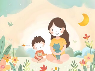 A young woman and boy are sitting in a field with flowers and butterflies, enjoying a sunny day.