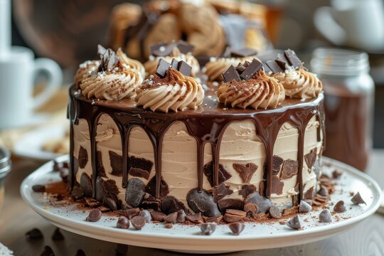 A cake with layers of chocolate candy mocha cream fudge and cookies seen from the side