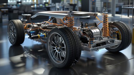Electric sports car chassis with exposed structure on factory floor