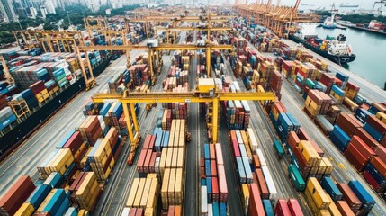 A bustling port with cranes loading containers onto ships, capturing the heart of global trade