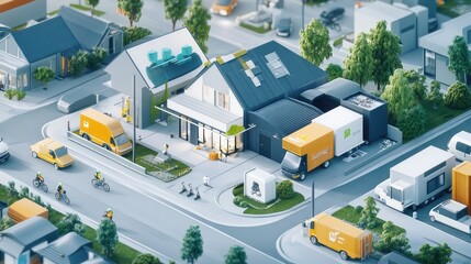 Obraz premium A delivery hub in a suburban area with vans and bikes, showcasing the integration of local and global logistics