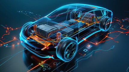 Electric car hologram showing the battery and engine while driving on a digital road