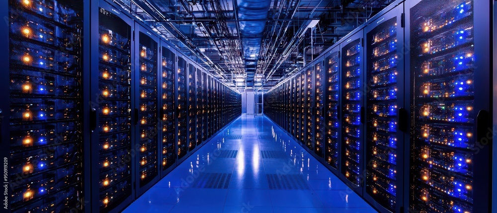 Poster vast data center with rows of servers and glowing lights
