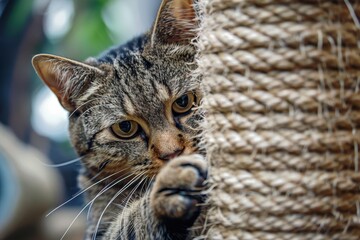 Obraz premium A pet cat sharpens claws on post