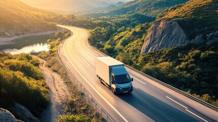 An international delivery service van driving along a scenic highway, representing the reach of global logistics