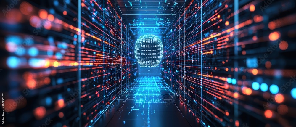 Poster futuristic digital tunnel with abstract spherical structure