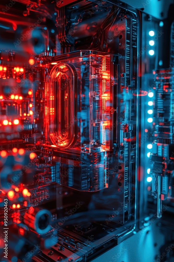 Poster glowing circuits and neon lights in a computer motherboard