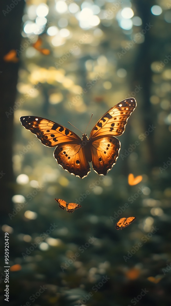 Wall mural Butterfly flying in nature, cinematic lighting