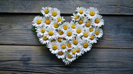 Obraz premium A creative overhead shot of daisies arranged in the shape of a heart on a wooden surface, symbolizing love and nature