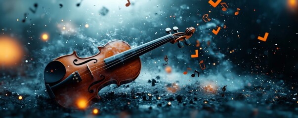 Fototapeta premium Violin in Smoke and Music Notes with Glowing Particles