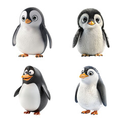 3d Cute Penguins Set on Transparent Background