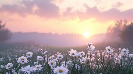 Obraz premium A dreamy landscape with daisies in the foreground and a hazy sunrise in the background, capturing the tranquility of dawn