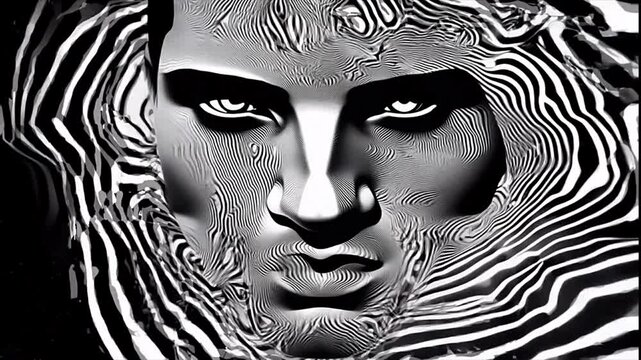 Surreal looping human face displaying dark evil expression Cinematic style with psychedelic effects, black and white lines and patterns