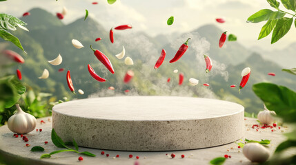 Fresh Ingredients Floating Over Rustic Stone Background in Nature