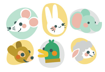 Cute Animal Head Illustration Character Collection. Isolated Flat Vector Style
