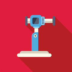 Blue electric spot welding machine joining metal sheets together with long shadow on red background