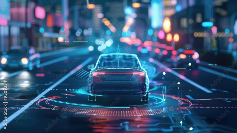 Poster autonomous self-driving car using artificial intelligence to navigate city traffic