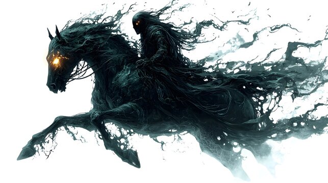 A headless horseman with glowing neck and haunted masks, dynamic pose, dark fantasy illustration, intricate details, isolated on white background