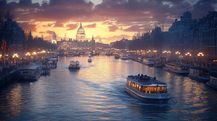 Fototapeta premium A city river with boats traveling during the day, gradually illuminated by streetlights and reflections as night falls