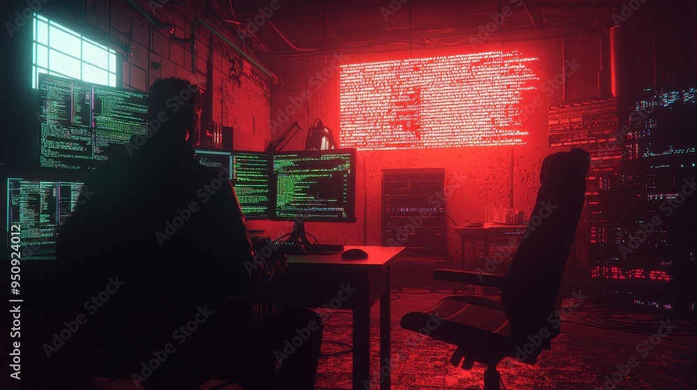 Poster hacker's lair: illuminated code and silhouettes in the dark