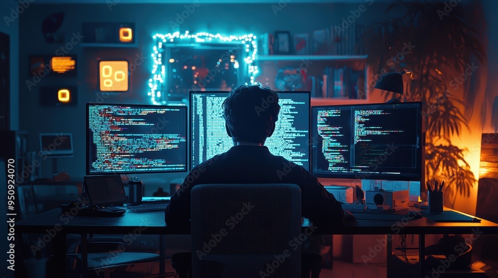 Poster silhouette of programmer working in dark home office with glowing screens