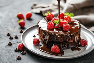 Adding chocolate sauce to cake on table
