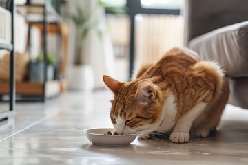 Adorable cat eating at home