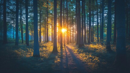 Obraz premium A forest edge with the sun setting behind the trees, gradually giving way to the cool blue of night