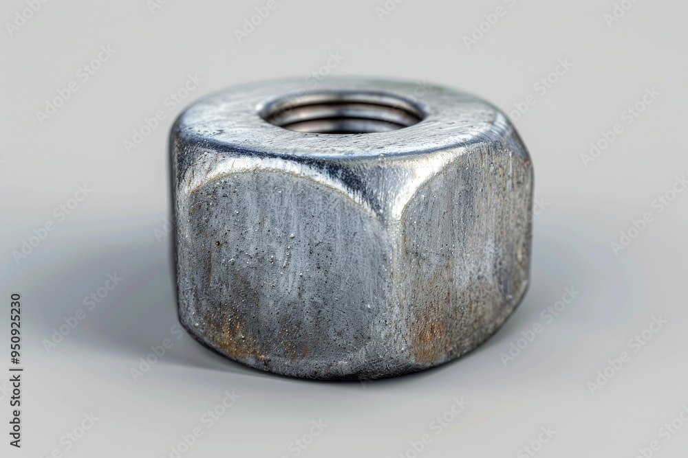 Poster a close-up shot of a metal nut on a table, ideal for use in industrial or manufacturing-related cont