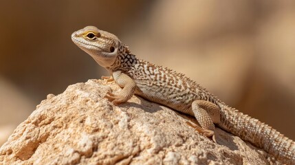 Obraz premium A close-up of a desert lizard basking on a rock, perfectly camouflaged against the sandy background