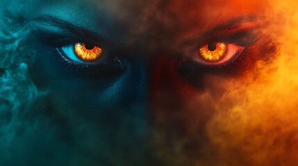 Naklejka premium Mystical gaze with fiery eyes and a dramatic smoke backdrop, evoking emotion and intrigue in a captivating visual.