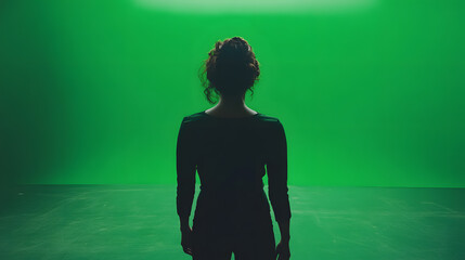 Green screen backdrop provides vibrant, solid color for seamless digital environment insertion