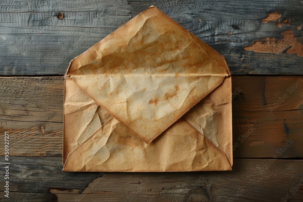 Poster a brown envelope resting on a wooden table, simple and straightforward