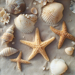 Colorful starfish and seashells scattered on a sunlit sandy beach image 
