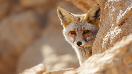 Naklejka premium A desert fox peeking out from behind a rock, blending into the sandy environment with its camouflaged fur