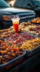 A vibrant tailgate setup featuring variety of grilled meats and vegetables, accompanied by refreshing drink. Perfect for outdoor gatherings!