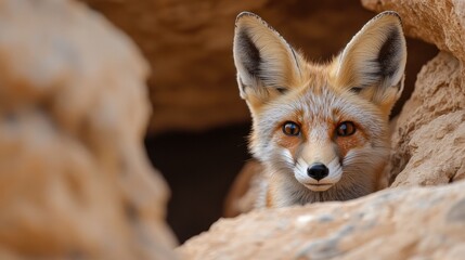 Obraz premium A desert fox peeking out from behind a rock, blending into the sandy environment with its camouflaged fur