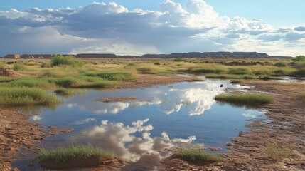 A desert landscape after a rare rainstorm, with small pools of water reflecting the sky and scattered green plants
