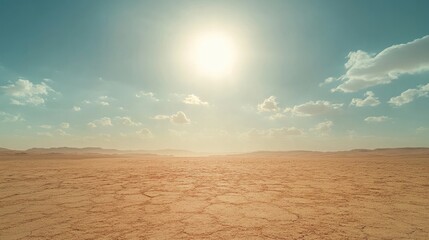 A desert landscape at midday, with the sun directly overhead and the sand glowing under the intense heat