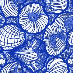 Azure blue white shell motif with linen seamless batik background, Modern coastal beach cottage rustic shell block print home decor pattern design in sealife beach style.