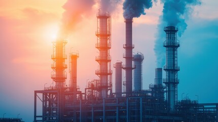 Obraz premium A large industrial plant with many tall smokestacks