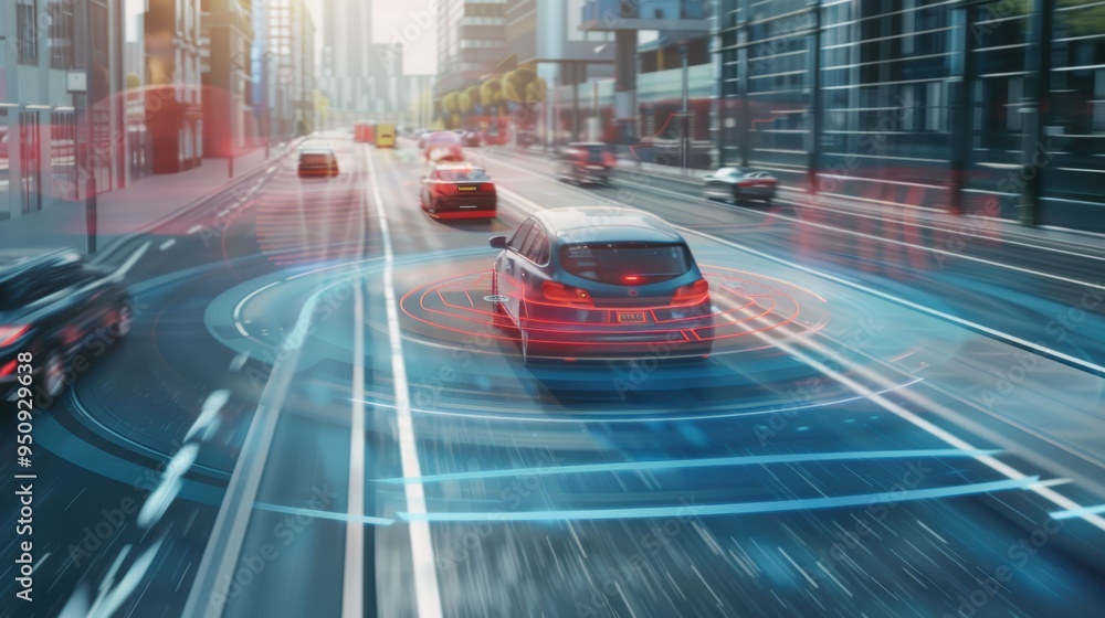 Poster self-driving car is using sensors and ai to navigate a busy city street